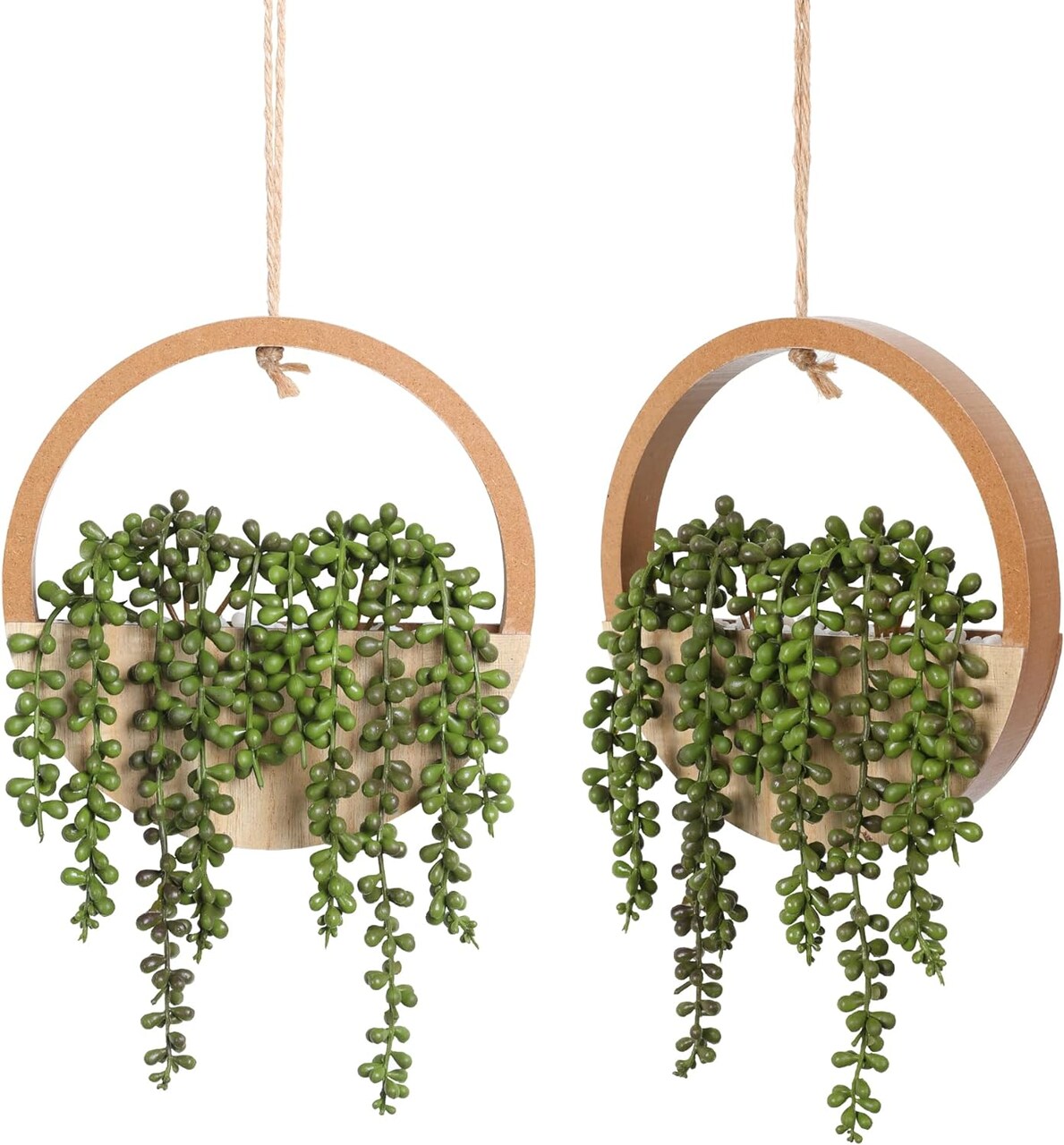 2-Pack Artificial Succulent Hanging Plants – 12.2" Fake String of Pearls in Pots with 8.3" Hanging Lanyard for Indoor & Outdoor Wall Decor (Wood Color)